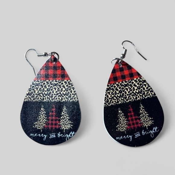 Festive Plaid & Leopard Teardrop Earrings - Picture 1 of 3